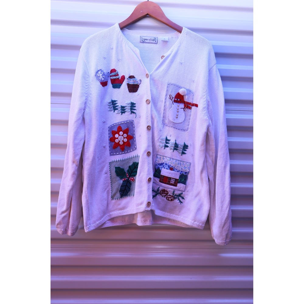 Spice of Life Vintage Holiday Snowman Embroidered Cardigan Sweater White XL